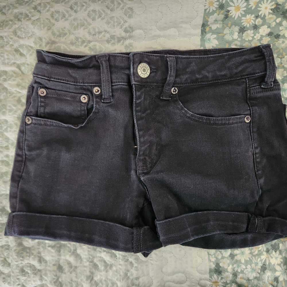 American Eagle Outfitters Black Jean Shorts Distressed Mid-Rise